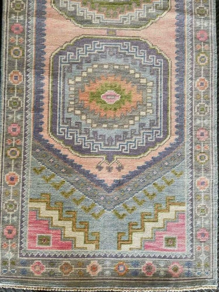 Hand Knotted Turkish Oushak Runner Rug Pink Blue Multi Geometric Motif Hallway
