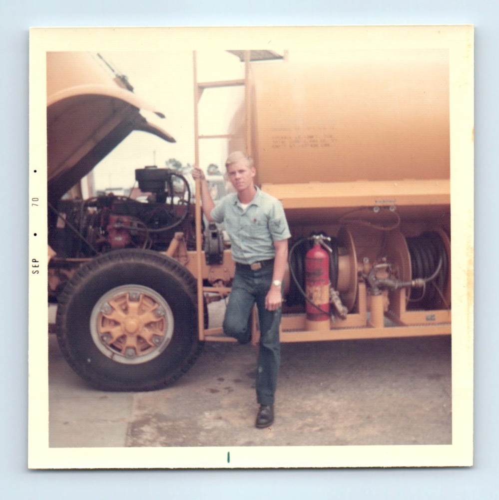 Old Vintage Square Color Photo SOLO MILITARY MAN FUEL TANKER TRUCK SNAPSHOT