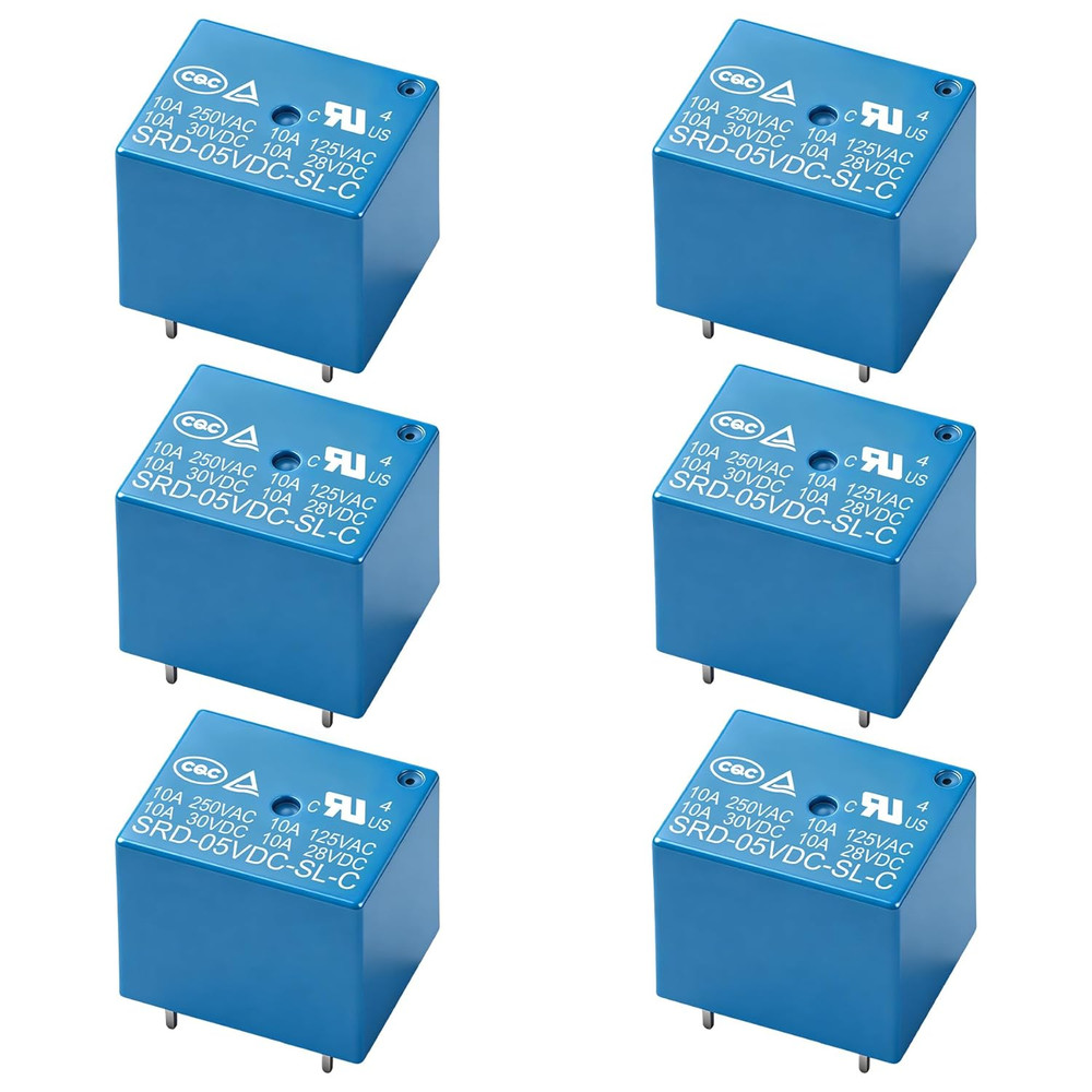 6Pcs PCB Power Relay SRD-05VDC-SL-C, DC 5V Coil, 10A 250VAC, SPDT, 5 Pin, for Ho