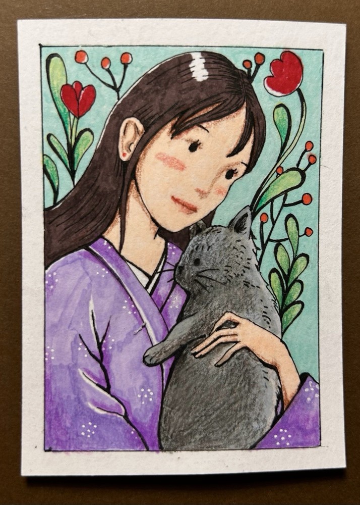 ACEO Original Art Cat & Girl & Flowers Mixed Media OOAK
