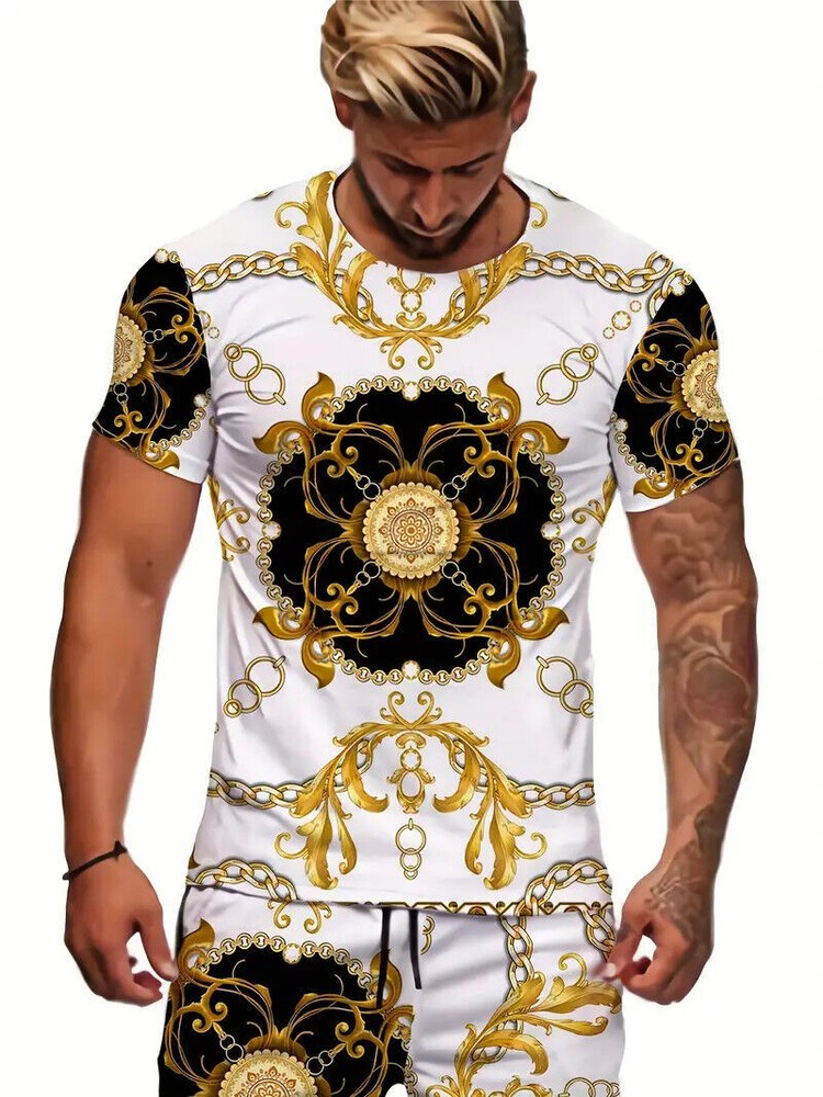 T Shirt Baroque Fashion Off White Gold Chain Golden Leaf Casual Men Short Sleeve