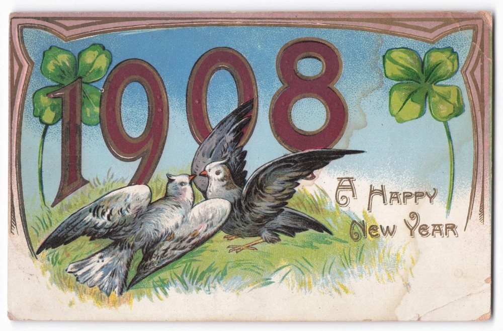 1908 New Year Postcard Doves & Four-Leaf Clover Posted Atkinson NE Embossed
