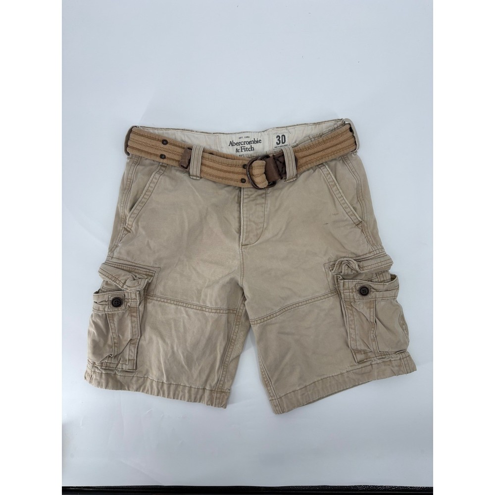 Y2K Abercrombie & Fitch Mens Cargo Shorts Khaki Tan Cotton Belted Size 30 1H7238