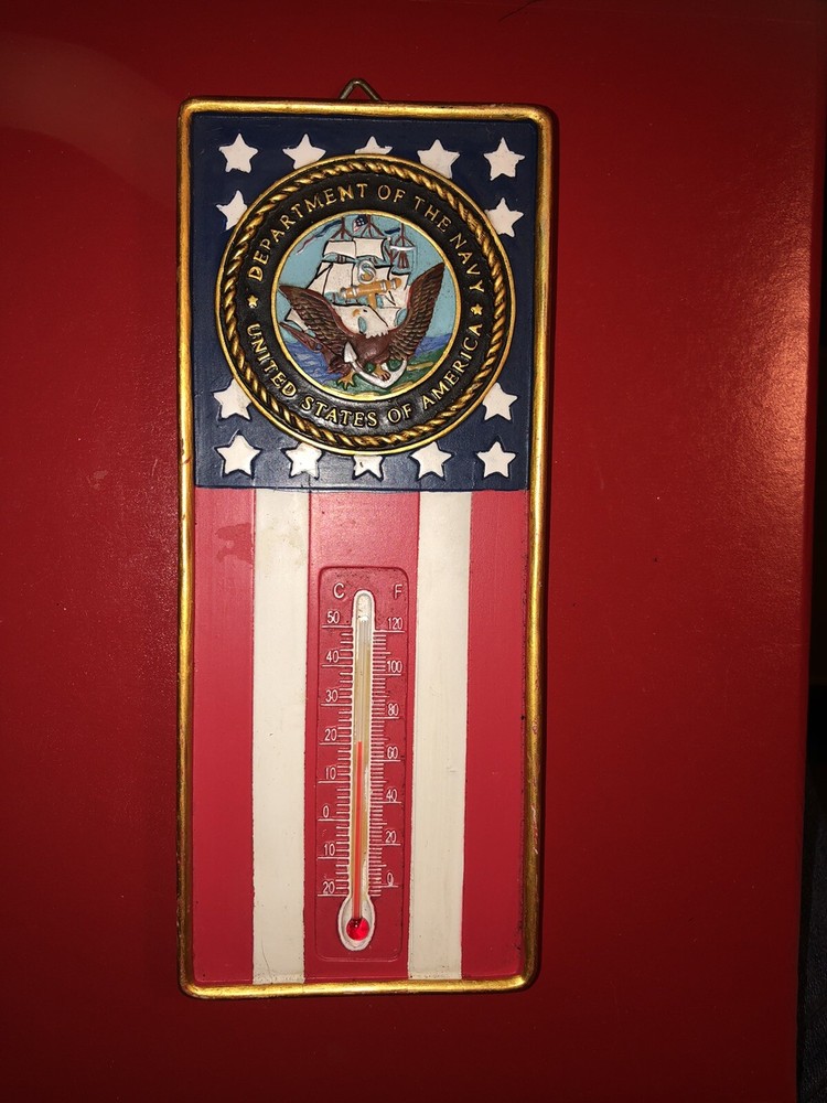 7.5 X 3 UNITED STATES OF AMERICA DEPT OF NAVY RESIN WALL THERMOMETER FLAG DESIGN