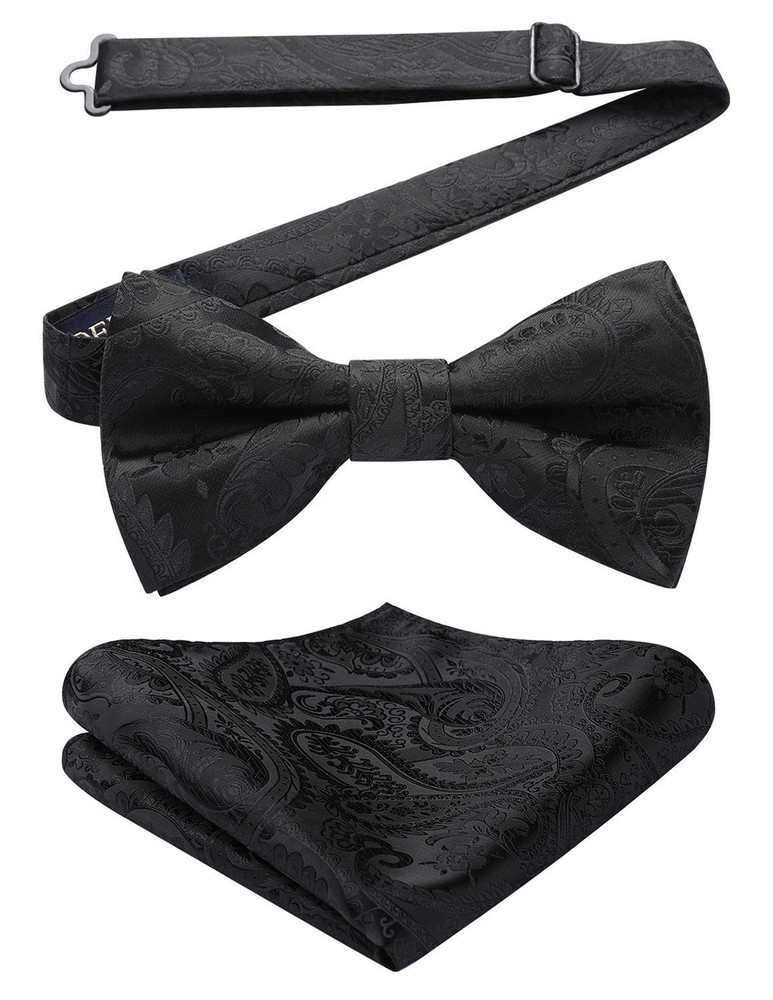 Black Bow Ties for Men Pre-tied Paisley Bowtie and Pocket Square Set Formal T...