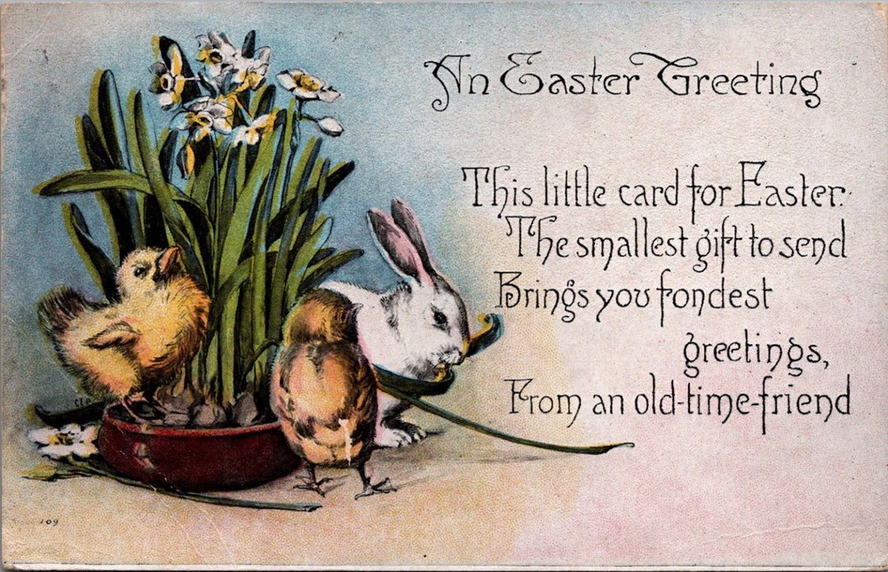 Vintage Easter Greeting Postcard Chicks Rabbit Daffodils Wisconsin 1910s