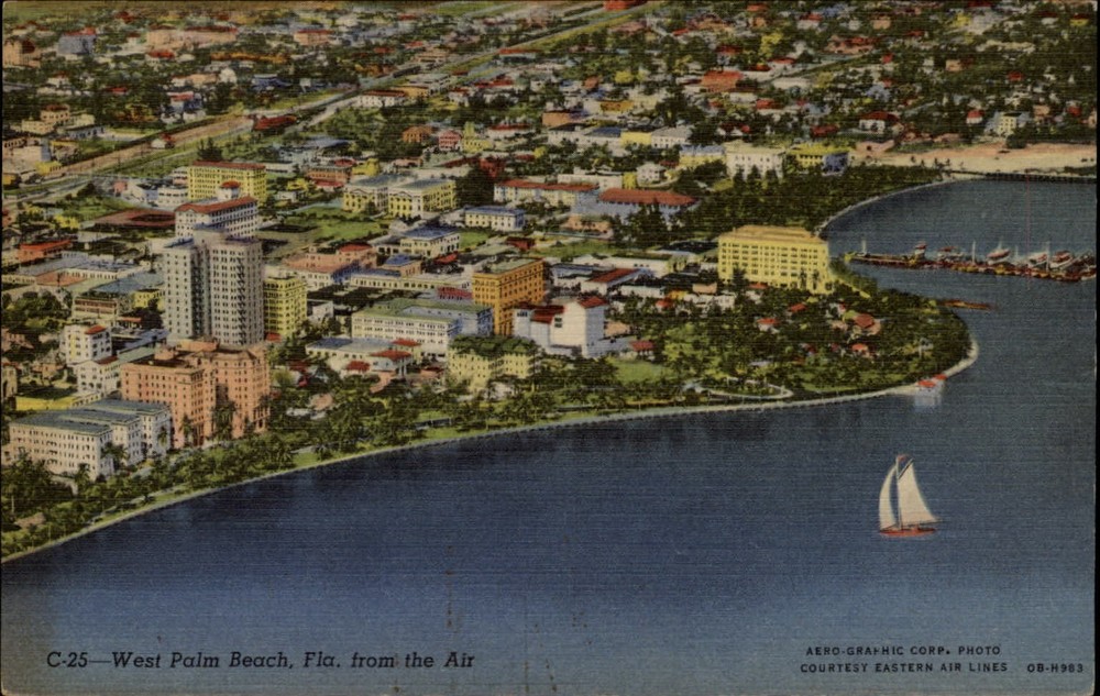 West Palm Beach Florida skyline aerial view ~ 1946 linen postcard sku001