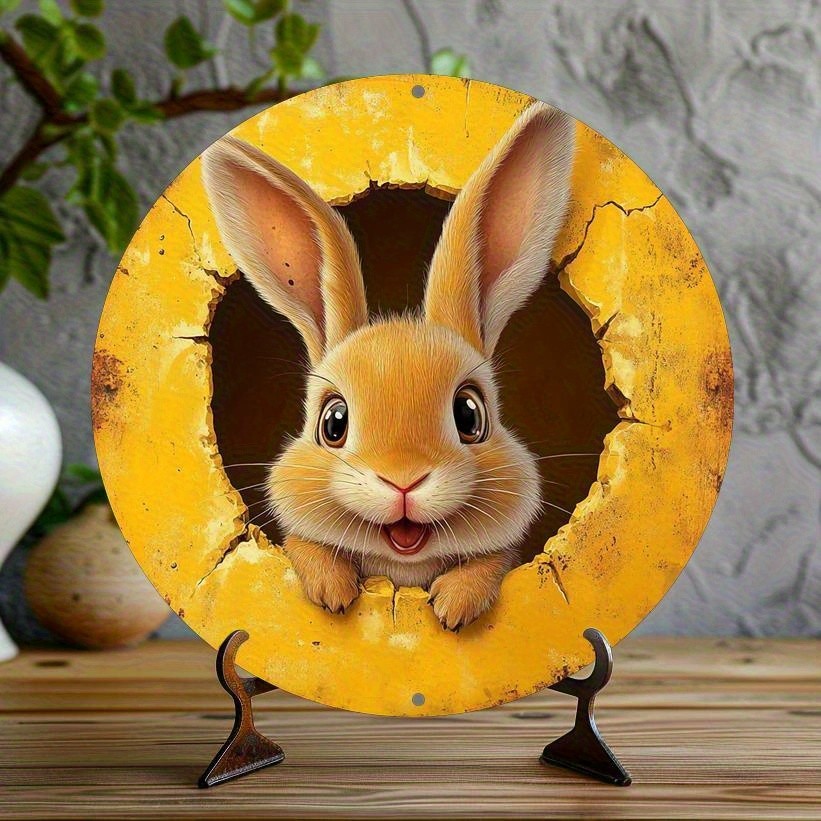 Easter Bunny Aluminum Wall Art Round Metal Sign Adorable Rabbit
