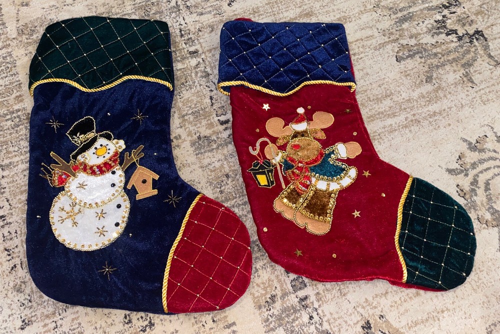SET 2 Christmas Stockings Snowman & Reindeer- Bead Accent, Red Blue Green-image