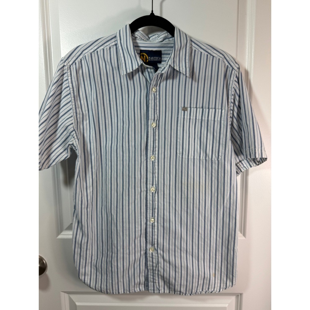 Nautica Jeans Company Boys Blue White Striped Short Sleeve Button Down Shirt 20