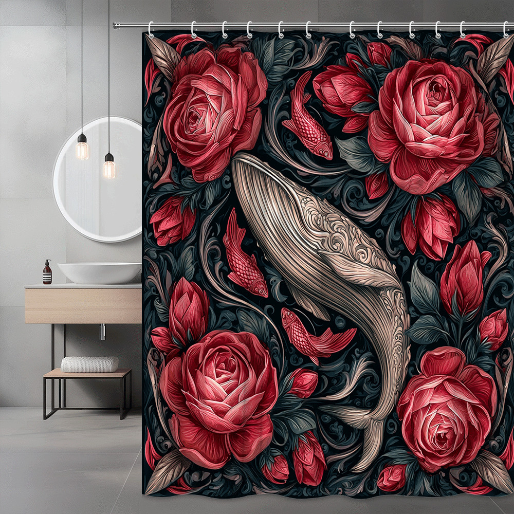 Koi Fish and Red Roses Shower Curtain Floral Graphic