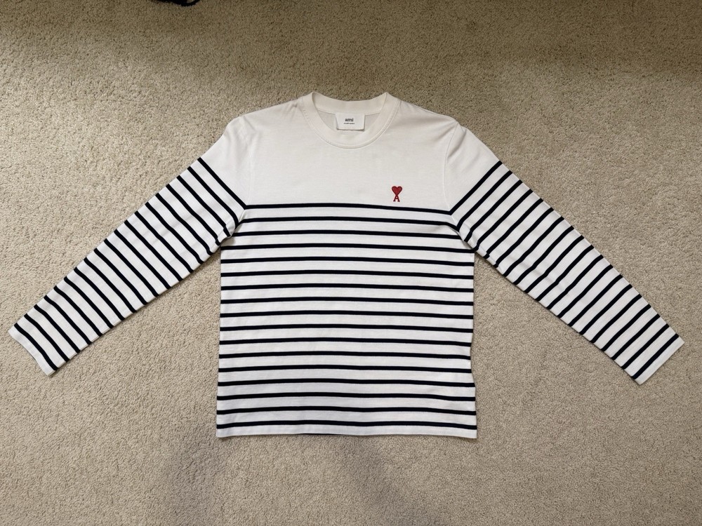 AMI De Coeur White with Black Stripes Long Sleeve T-Shirt Size S