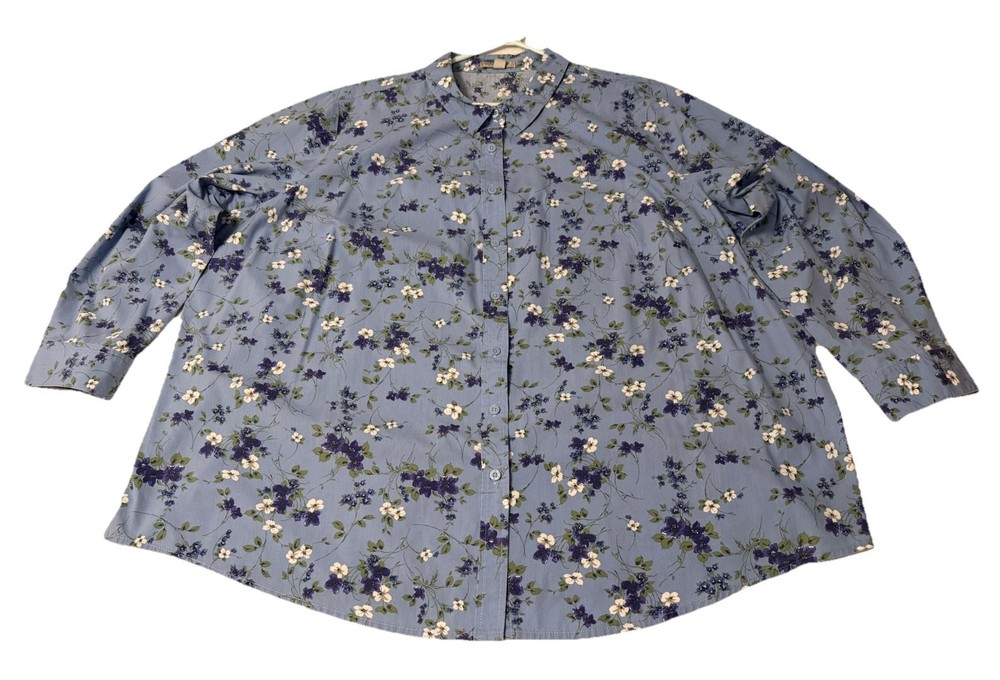 WOMAN WITHIN Women 3X 30/32 Floral Button Up Shirt Long Slv Blue Purple Green