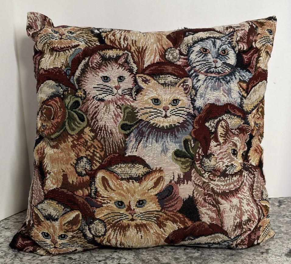 Tapestry Needlepoint Kitty Cat Kitten Throw Pillow Cottagecore READ