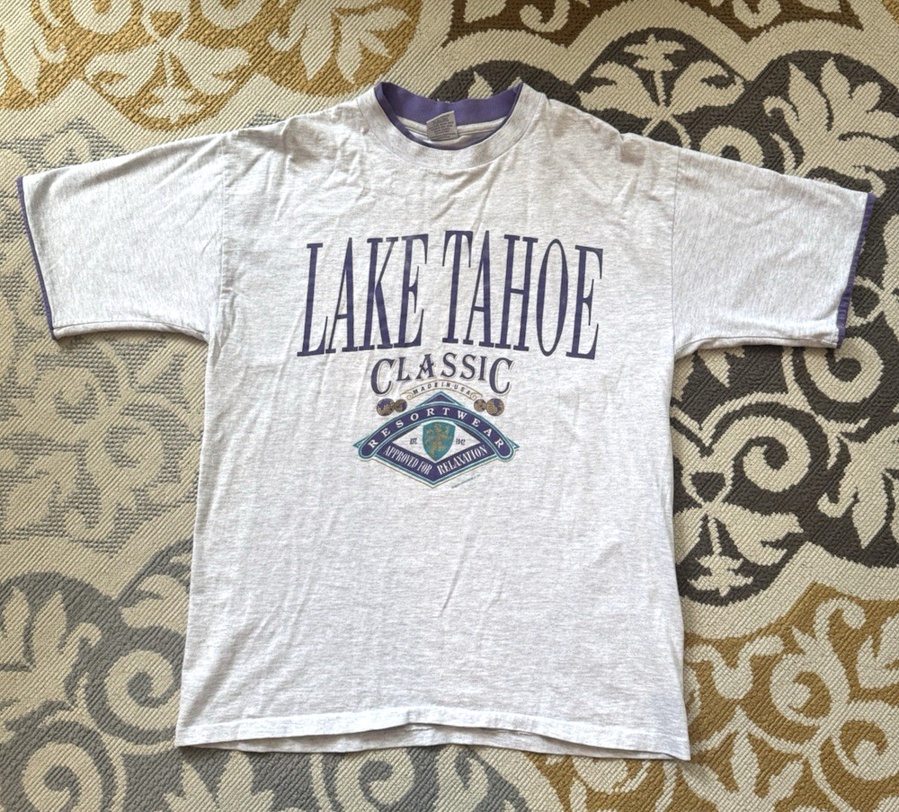 Vintage 1992 LAKE TAHOE Classic T-Shirt Size Large Gray Purple 100% Cotton USA
