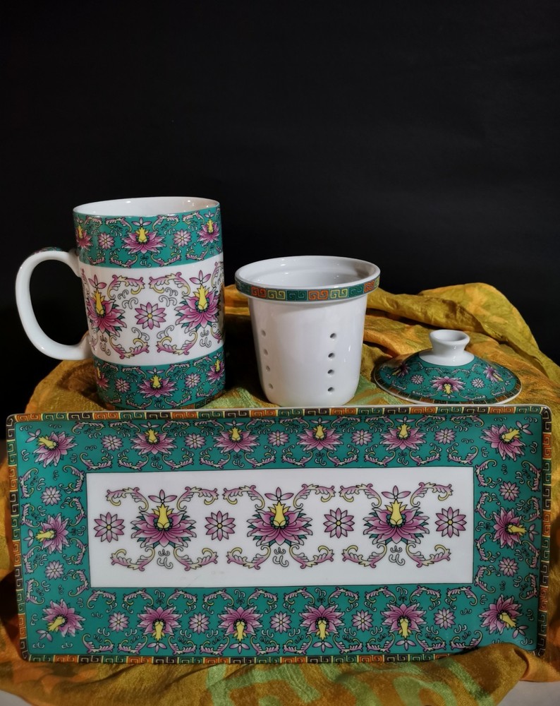 World Market Ceramic Mug Set with Tea Infuser & Lid - Matching Serving Platter