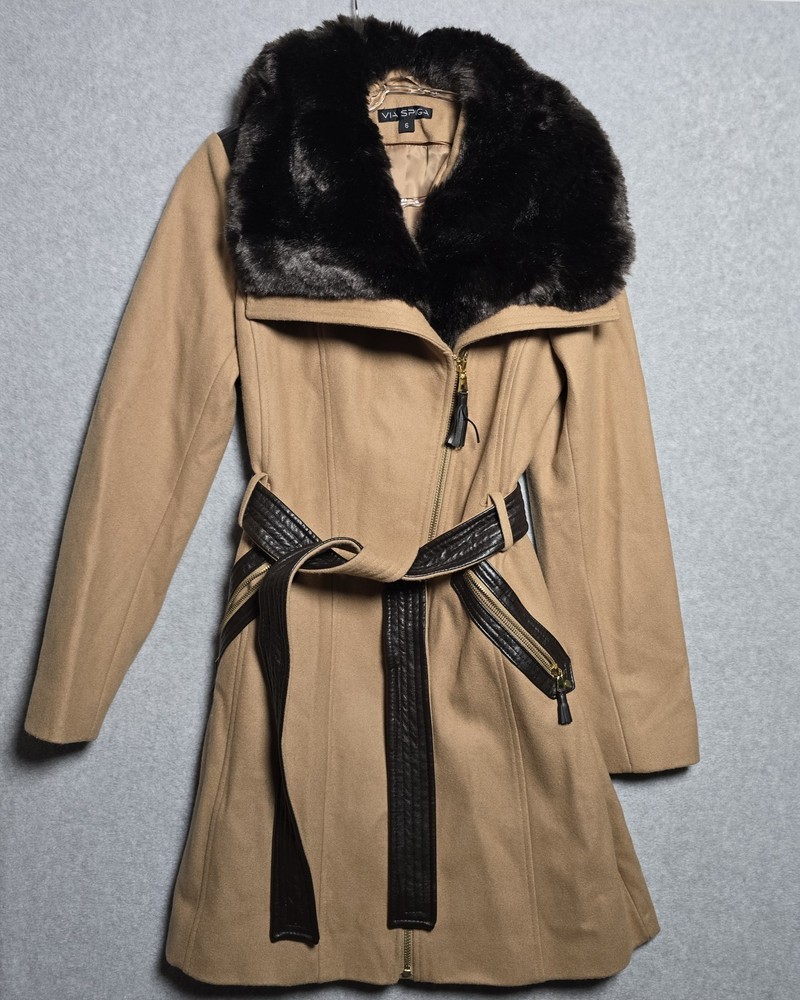 Via Spiga Womens Size 6 Wool Blend Faux Fur Collar Winter Belted Coat Deep Camel