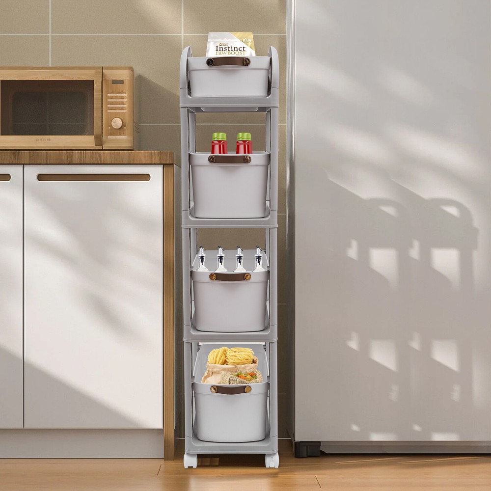 4 Tier Grey Movable Multifunction Storage Rack Organizer w/Wheels for Bedrooms