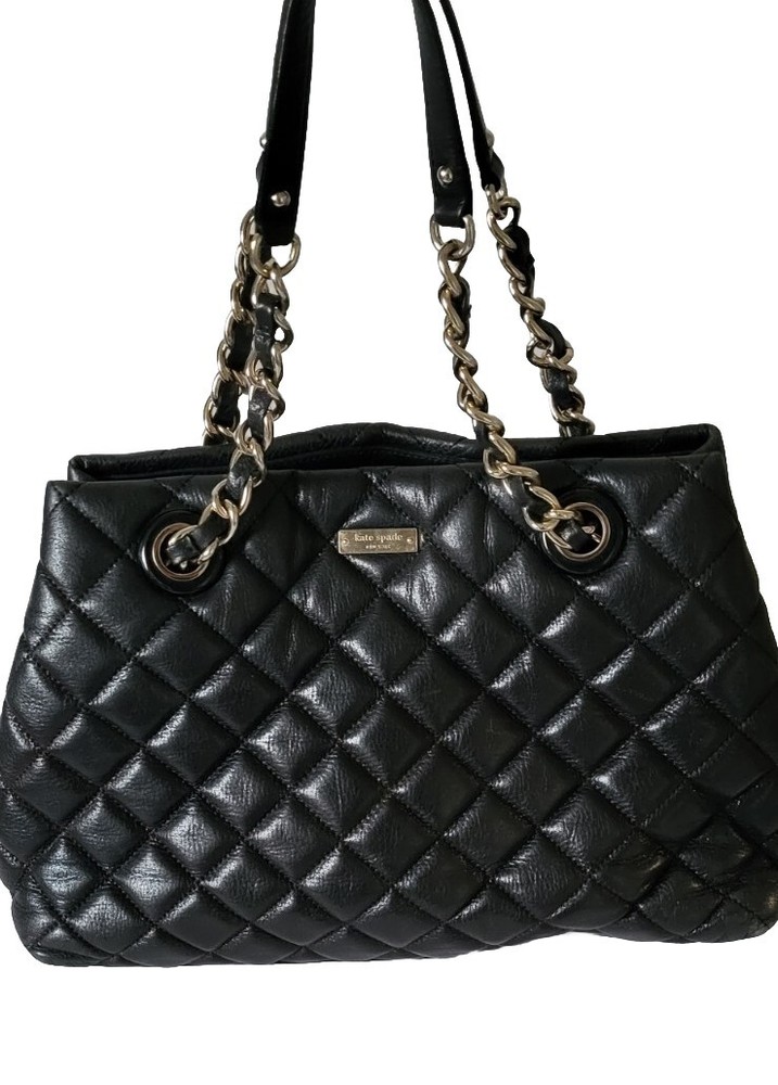 KATE SPADE Quilted Black Leather Chain Link Tote Shoulder Bag