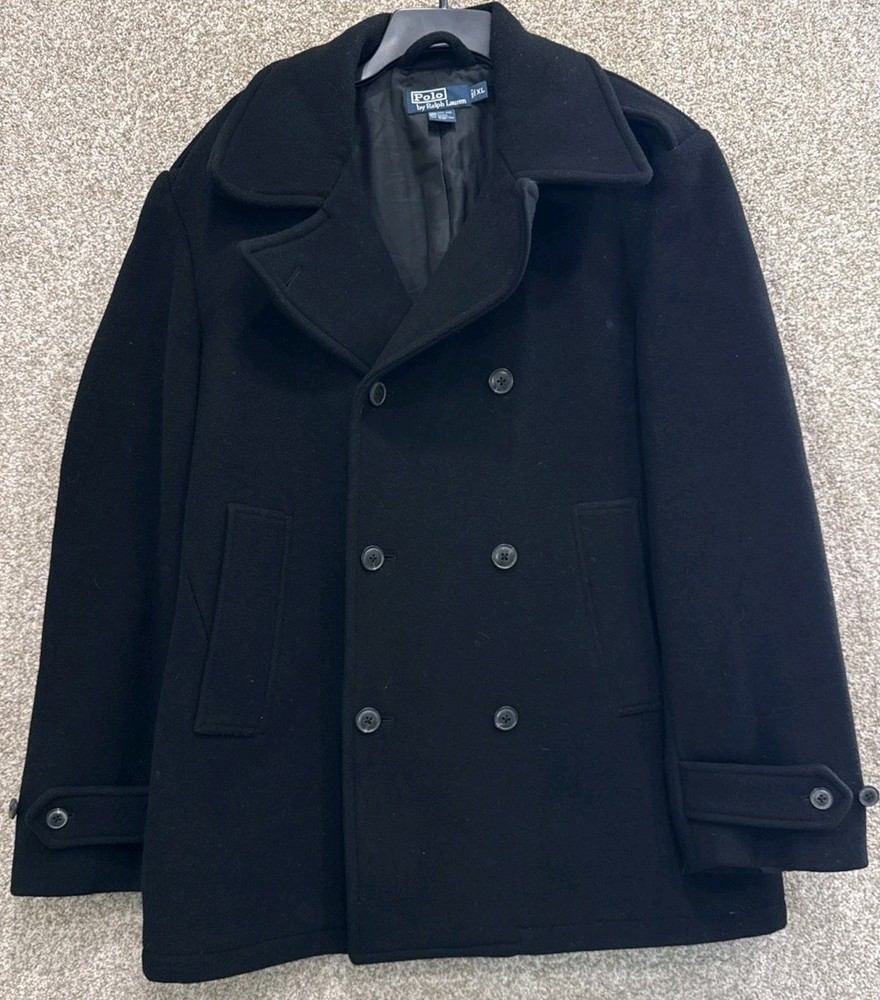 Polo Ralph Lauren Pea Coat Mens Size XL Black Wool Doubled Breasted Jacket