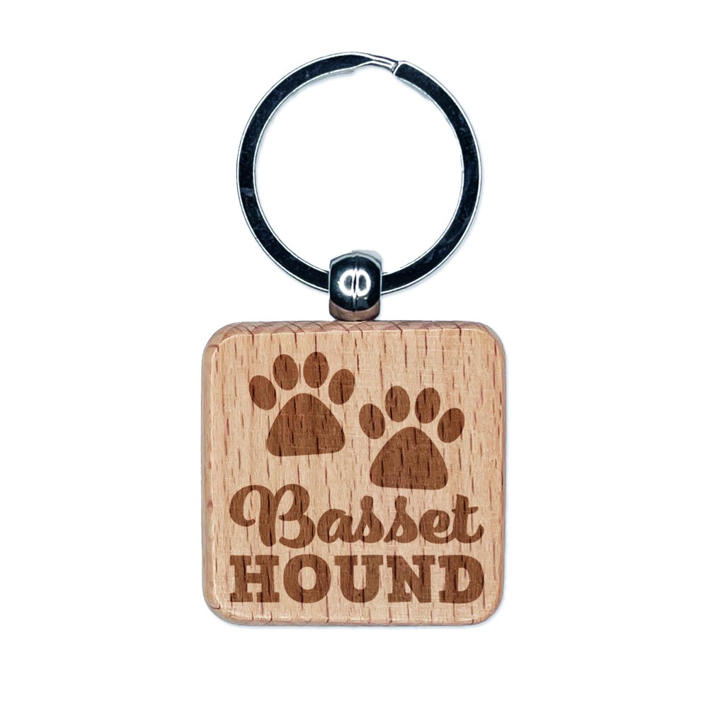 Basset Hound Paw Print Engraved Wooden Keychain Charm Tag