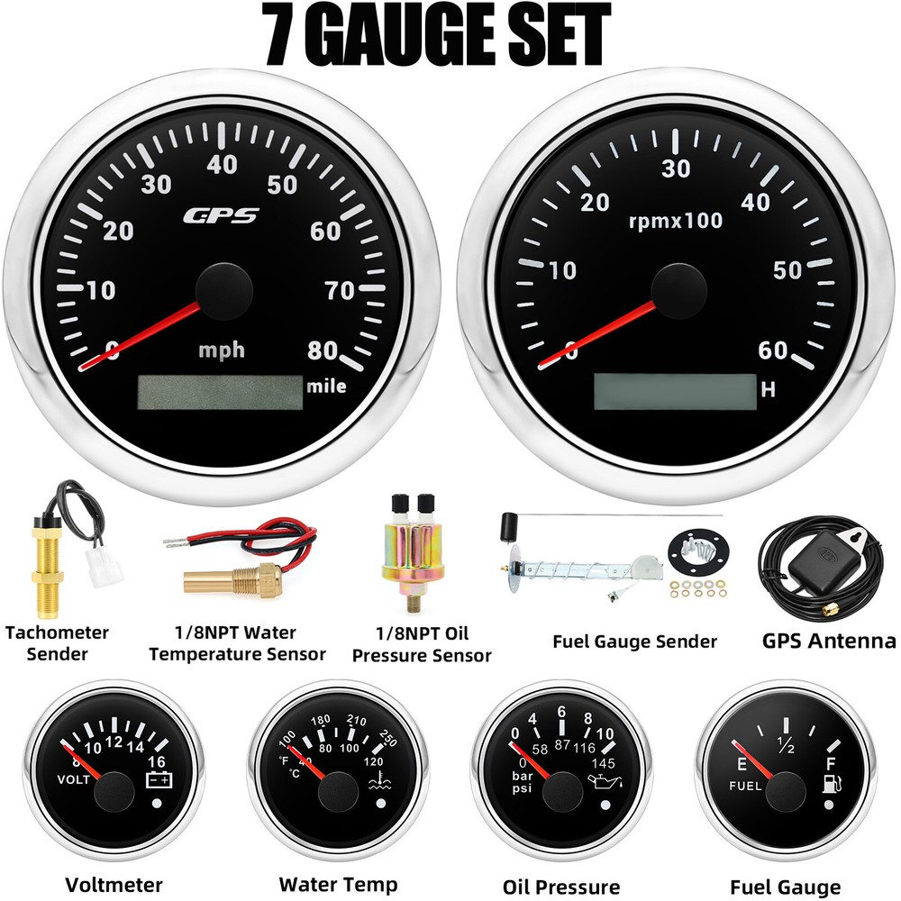 85mm GPS Speedometer & Tachometer Gauge Set for Boats - 6 Gauge Kit with Sensor