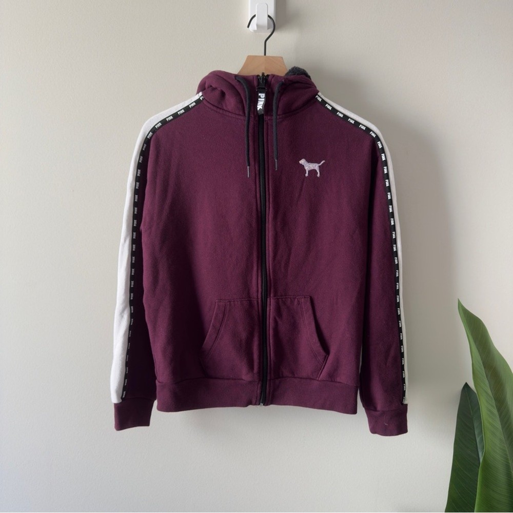 PINK Victoria's Secret Burgundy Full Zip Hoodie Sequin Dog Fleece Hood Jacket XS