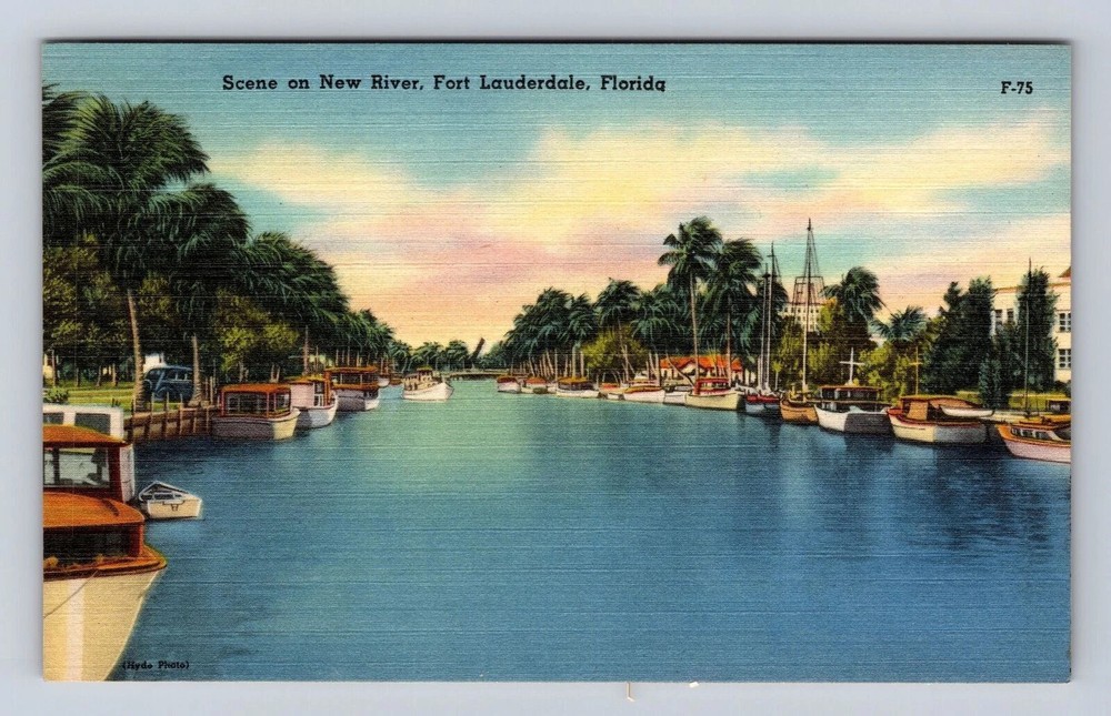 Fort Lauderdale FL-Florida, Scene on New River, Antique Vintage Postcard