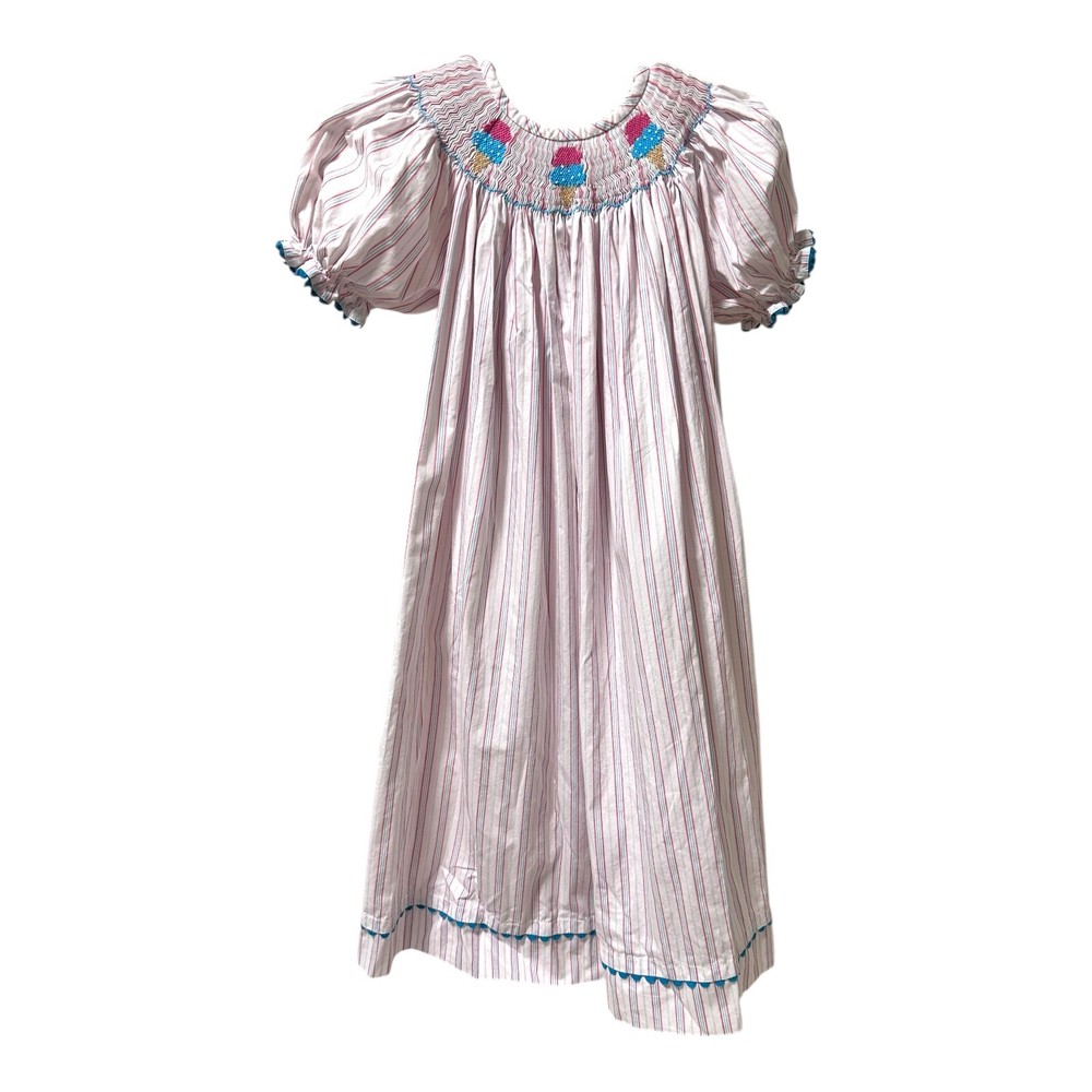 Castles Crowns Smocked Cupcake Bishop Dress Pink Blue Stripes Puff Sleeves Size 6X