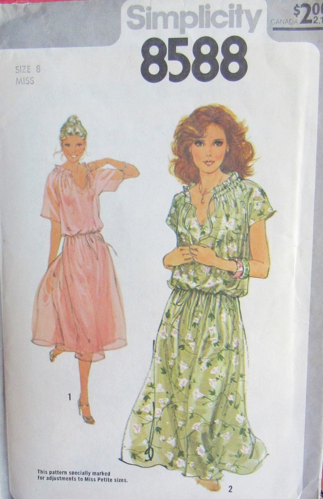 VTG 70s Simplicity 8588 Misses 8 Loose Fitting Peasant Dress Cottagecore Pattern