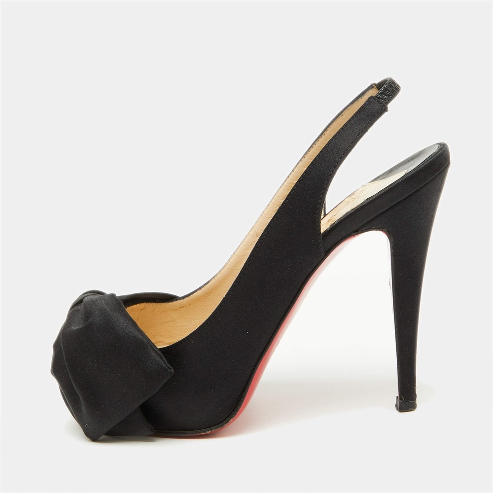 Christian Louboutin Black Satin Bow Peep Toe Platform Slingback Pumps Size 36