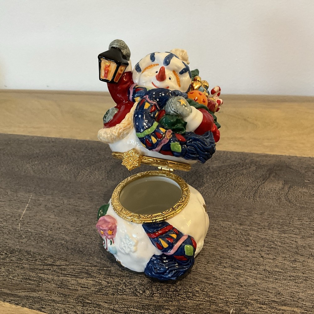 Snowman Porcelain Hinged Trinket Box Sack with Gifts Christmas Holiday Decor