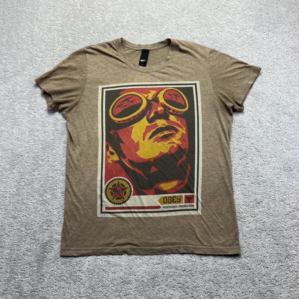 VINTAGE Obey T-Shirt Mens Medium Brown Propaganda Graphic Tee Skate Made in USA