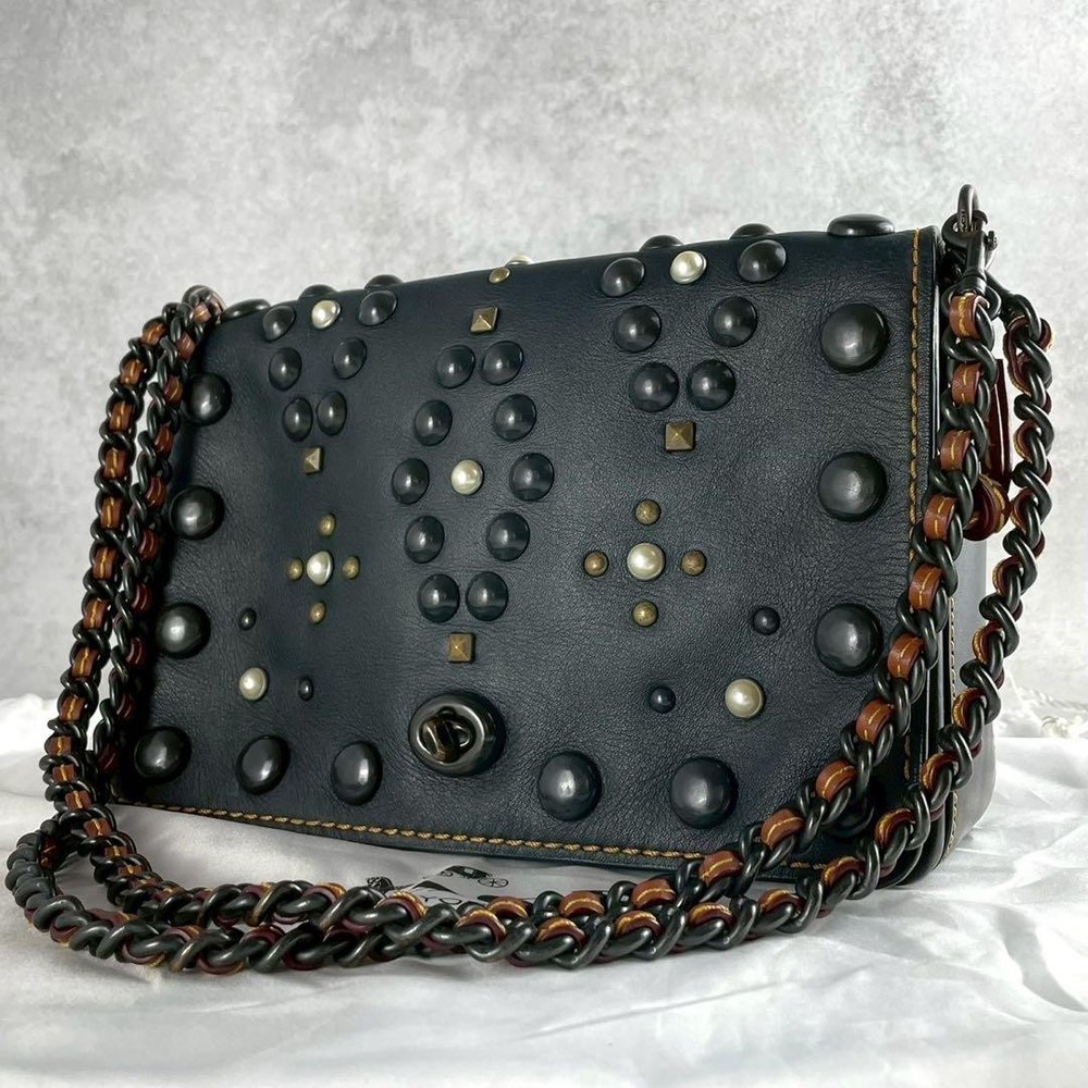 Rare Excellent Condition Coach Shoulder Bag 2way Studs Pearl Leather Black
