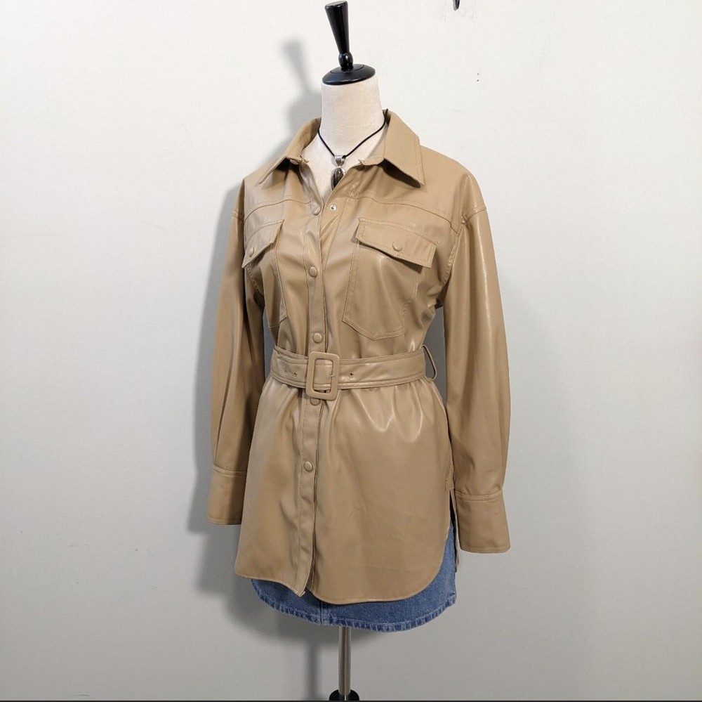 Vintage 90s beige grunge minimalist indie brown pleather button up shirt blouse