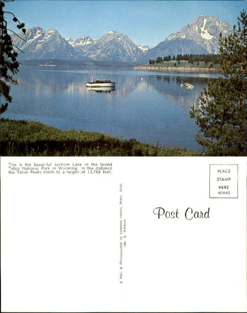 Jackson Lake Grand Teton National Park WY boat chrome unused old postcard
