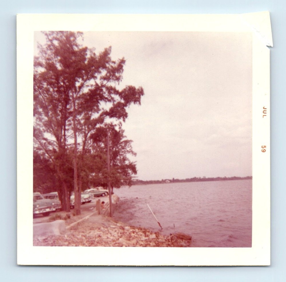 Old Vintage Square Color Photo CLASSIC CARS BY LAKE 1959 LANDSCAPE SNAPSHOT