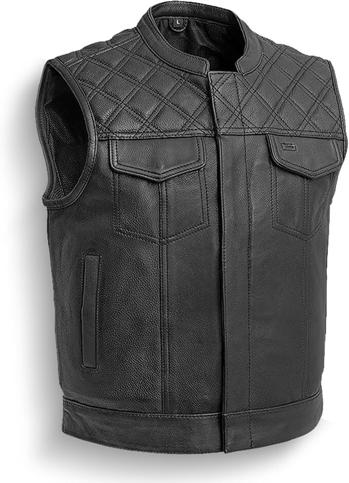 Black Men's Motorcycle Biker Riding Leather Vest - Rider Hunt Club Cowboy Vest