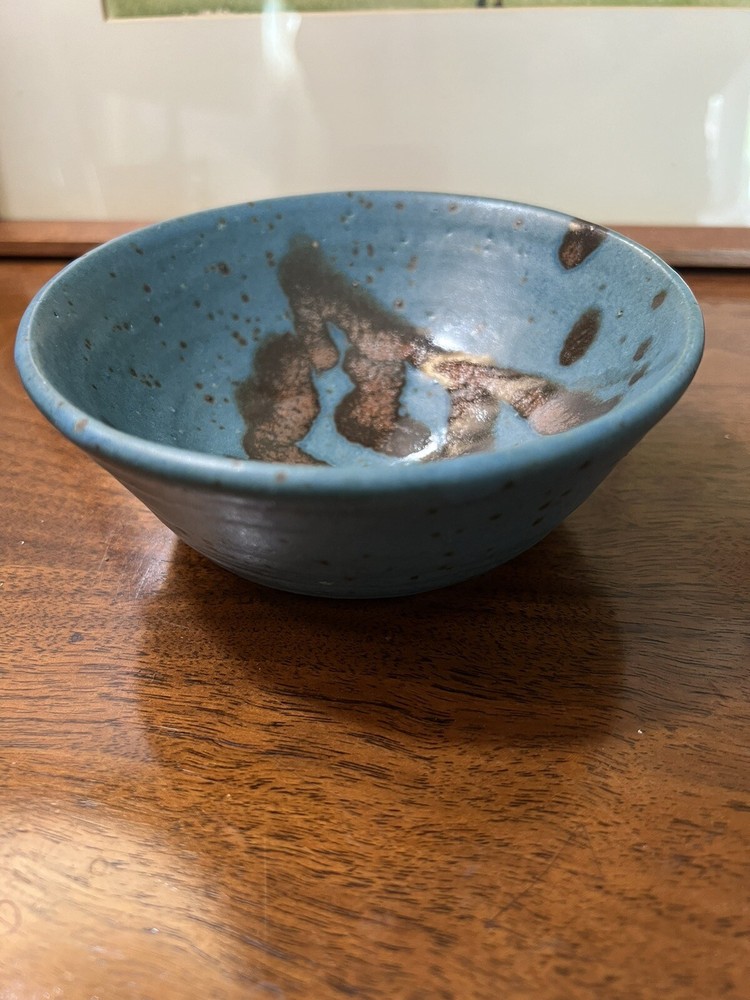 Studio Art Pottery Signed Stoneware Bowl Hand Thrown with Blue Abstract Glaze-image