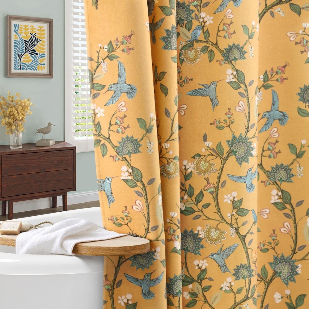 Mustard Yellow Cotton Floral Shower Curtain,Vintage Anthropologie Shower Curt...