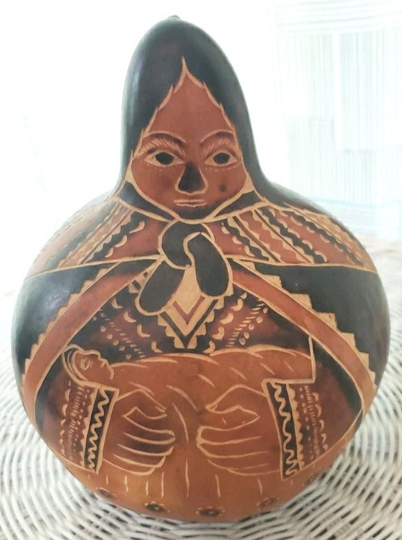 Hand Carved Gourd Rattle Folk Art Peruvian Woman 9 in Tall