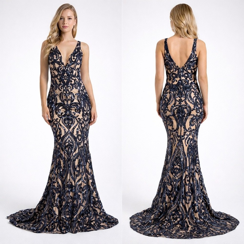 Windsor Sequin Beaded Nude Mesh Illusion Maxi  Black Navy Formal Gown Size S