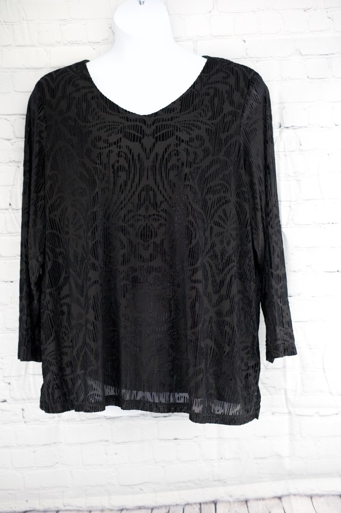 Susan Graver Women’s 2X Black Blouse Burnout Velvet Look Long Sleeve Plus Size T