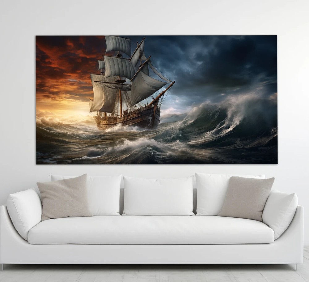 Old Sailboat in The Stormy Sea Vintage Unframed Canvas Print Australian Wall Art