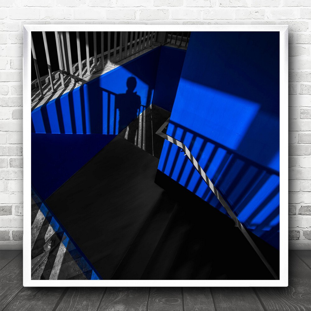 Stairway Moody Blue Shadow Mystery Person Handrail Railing Square Wall Art Print