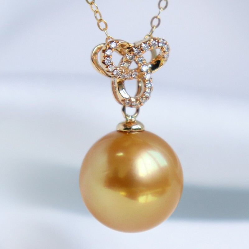 Natural 13mm South Sea Golden Pearl & 18K Gold Solitaire Pendant, Regal Jewelry