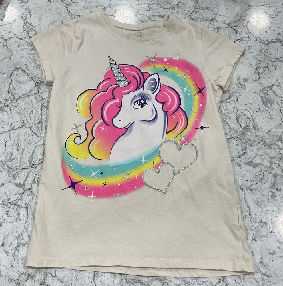 The Children's Place Girls 5T Ivory Unicorn Rainbow Graphic Glitter Tee Shirt