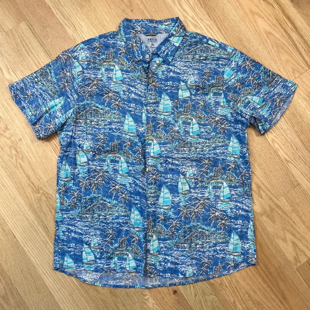 IZOD Saltwater Shirt Mens 2XL Blue Tropical Sailboat Palm Tree Button Down