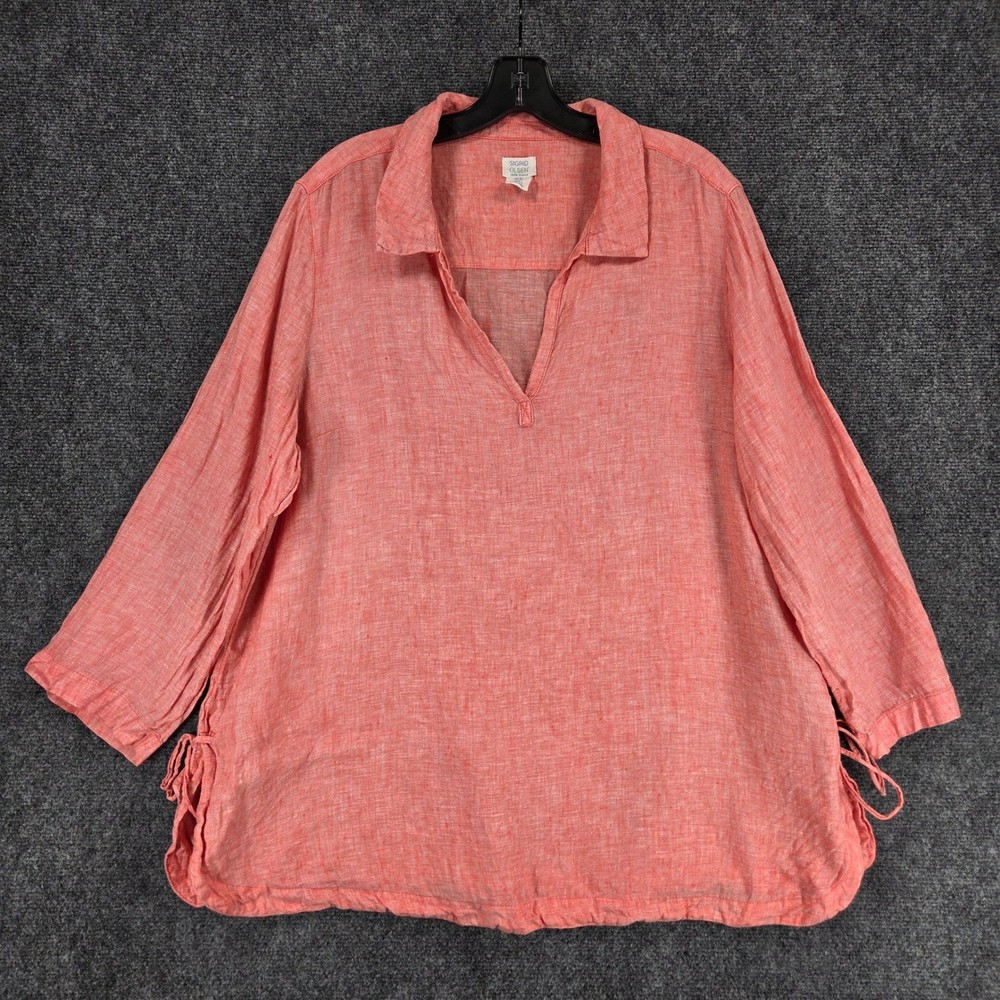 Sigrid Olsen 100% Linen Split Neck Side Tie Tunic Top Womens XL Coral Pink