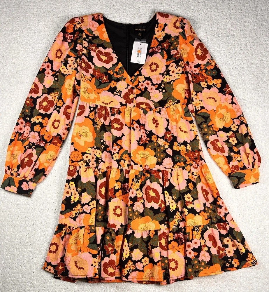 Sugar Lips Dress Size M Winter Floral Mini Tiered Puffed Bubble Sleeve NWT